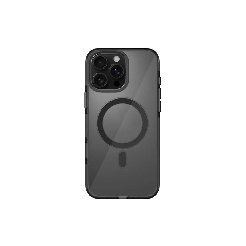 A clear plastic case cover for an iPhone 16 Pro, with a design that includes a circle and a button on the back.