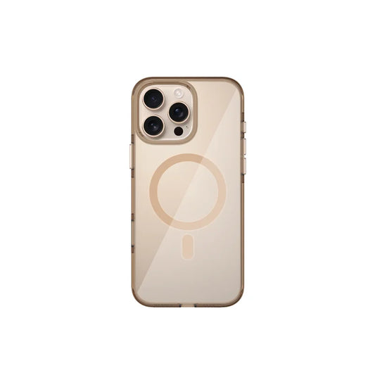 A clear plastic case cover for an iPhone 16 Pro, with a design that includes a circle and a button on the back.