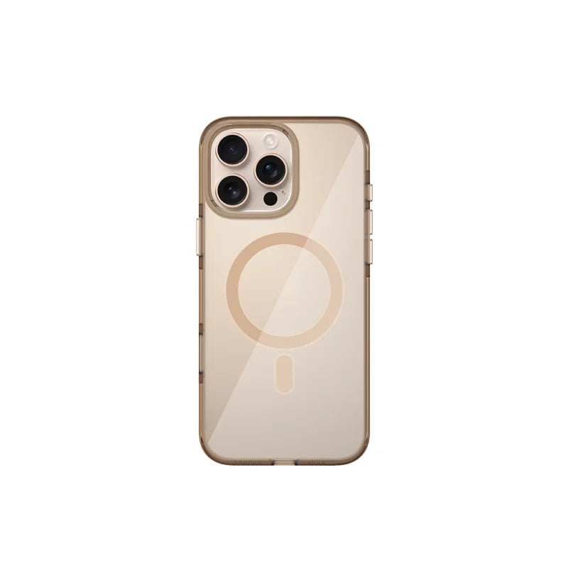 A clear plastic case cover for an iPhone 16 Pro, with a design that includes a circle and a button on the back.