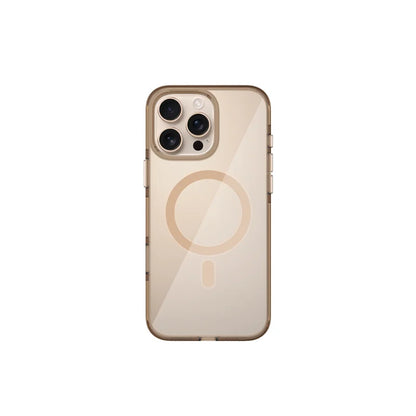 A clear plastic case cover for an iPhone 16 Pro, with a design that includes a circle and a button on the back.