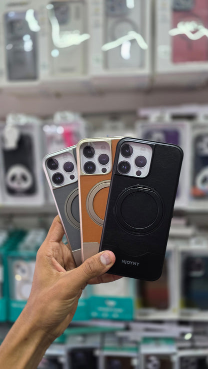 NJOYNY Premium Leather Metal Case with 360° Ring Stand - iPhone 16 Pro Max Back Cover