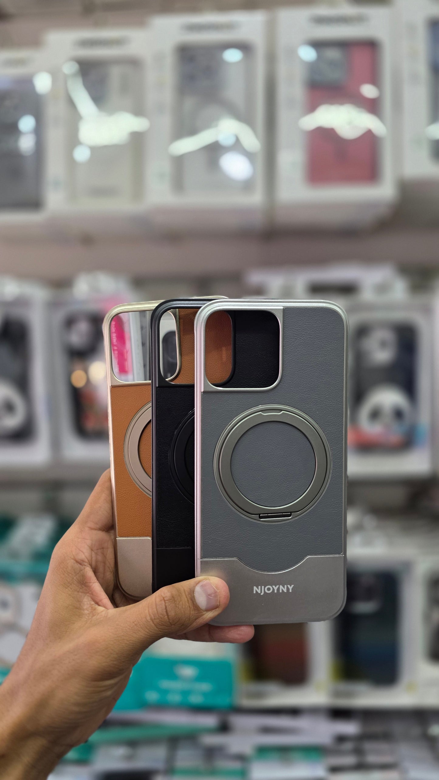 NJOYNY Premium Leather Metal Case with 360° Ring Stand - iPhone 16 Pro Back Cover