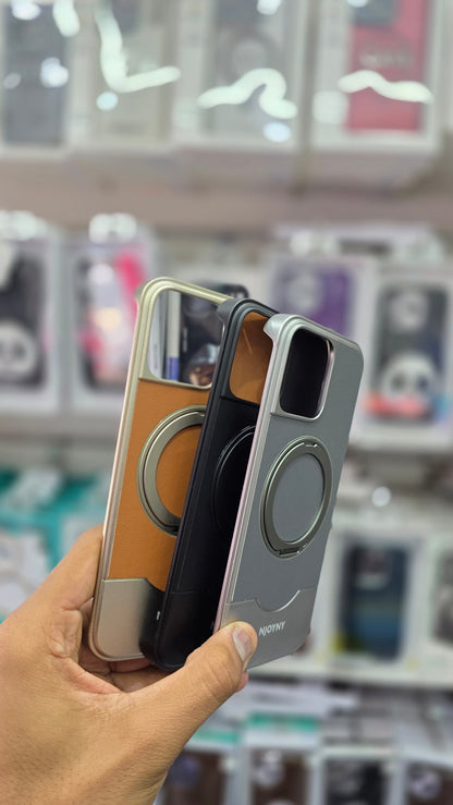 NJOYNY Premium Leather Metal Case with 360° Ring Stand - iPhone 16 Pro Max Back Cover