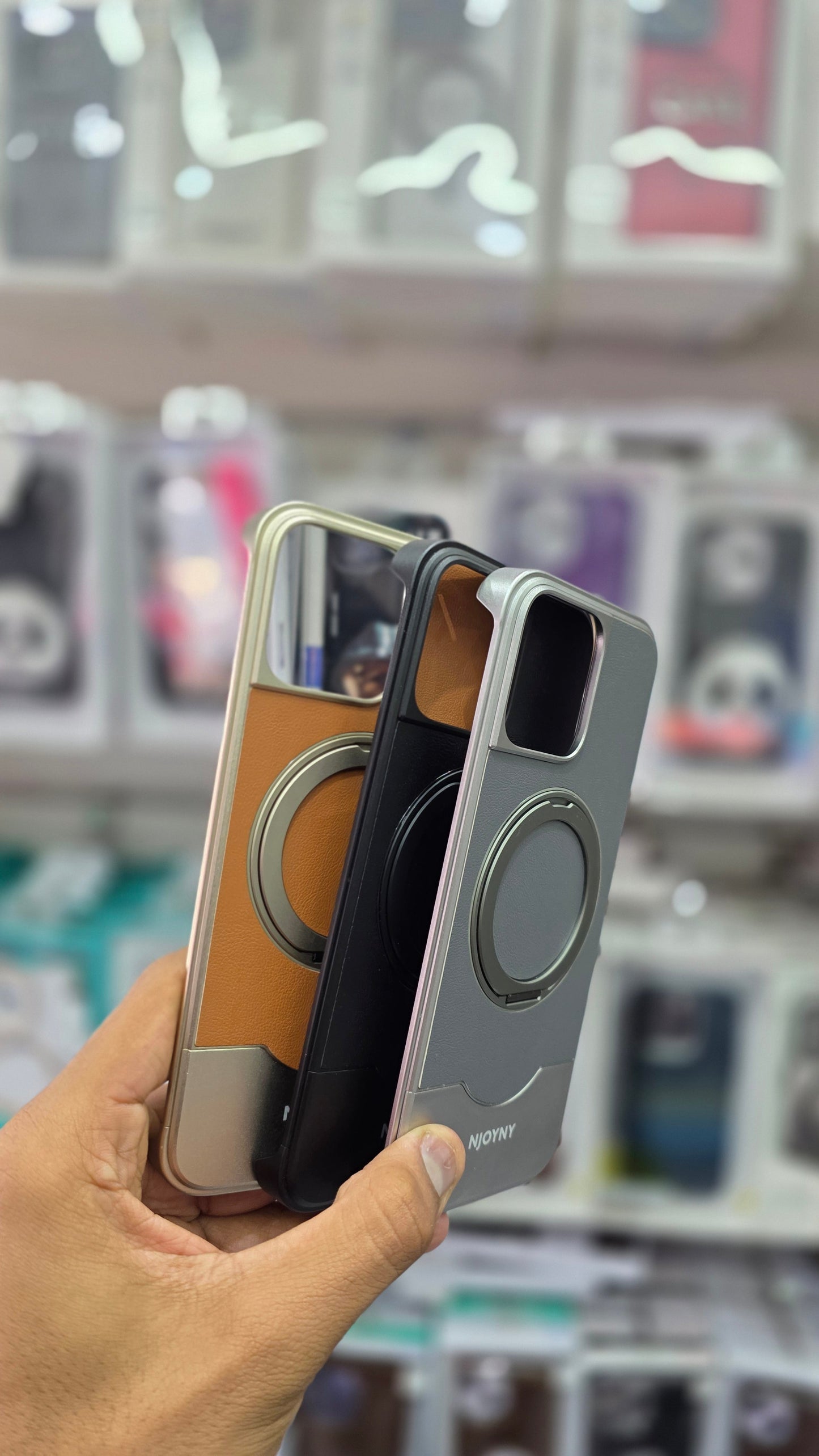 NJOYNY Premium Leather Metal Case with 360° Ring Stand - iPhone 16 Pro Back Cover