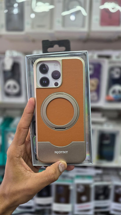 NJOYNY Premium Leather Metal Case with 360° Ring Stand - iPhone 16 Pro Back Cover