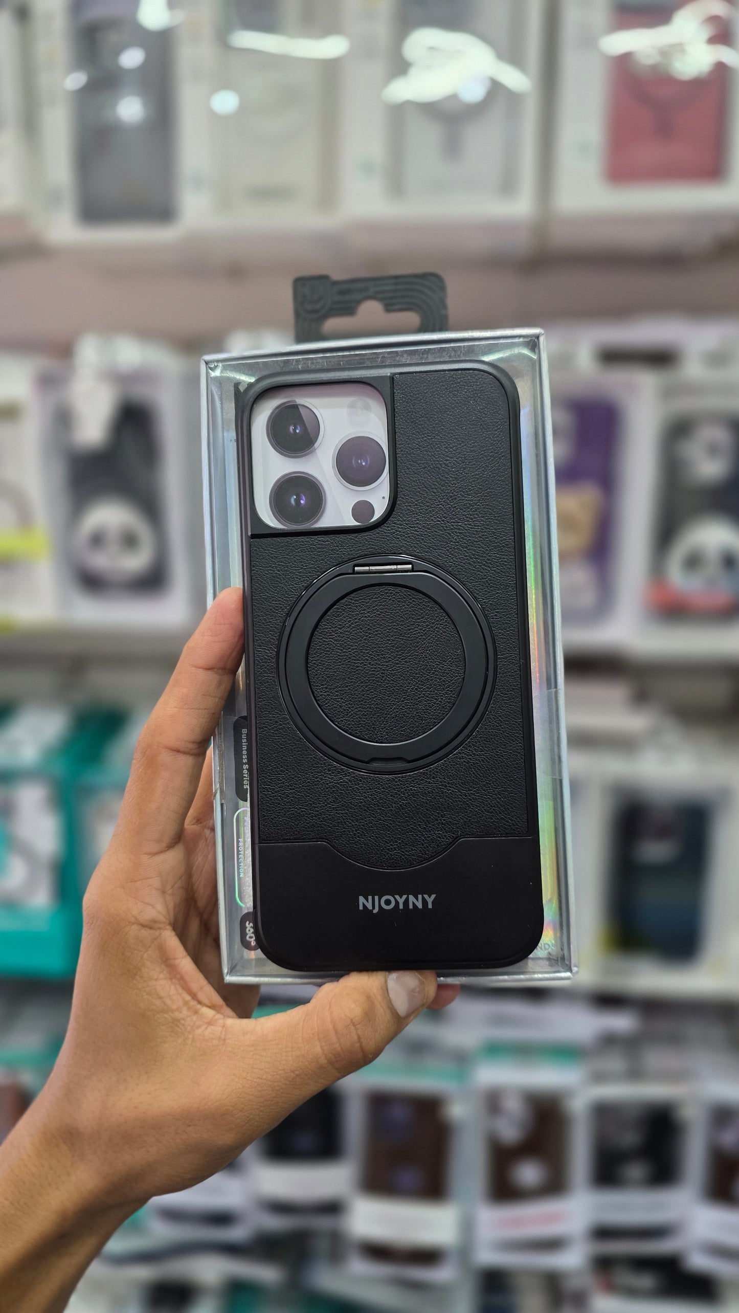 NJOYNY Premium Leather Metal Case with 360° Ring Stand - iPhone 16 Pro Max Back Cover