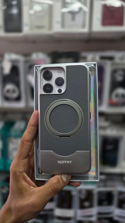 NJOYNY Premium Leather Metal Case with 360° Ring Stand - iPhone 16 Pro Max Back Cover