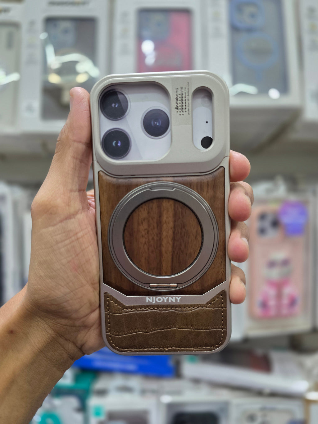 NY Perfume Wooden Metal 360 Stand Case With Magsfe - iPhone 17 Pro Max Back Cover