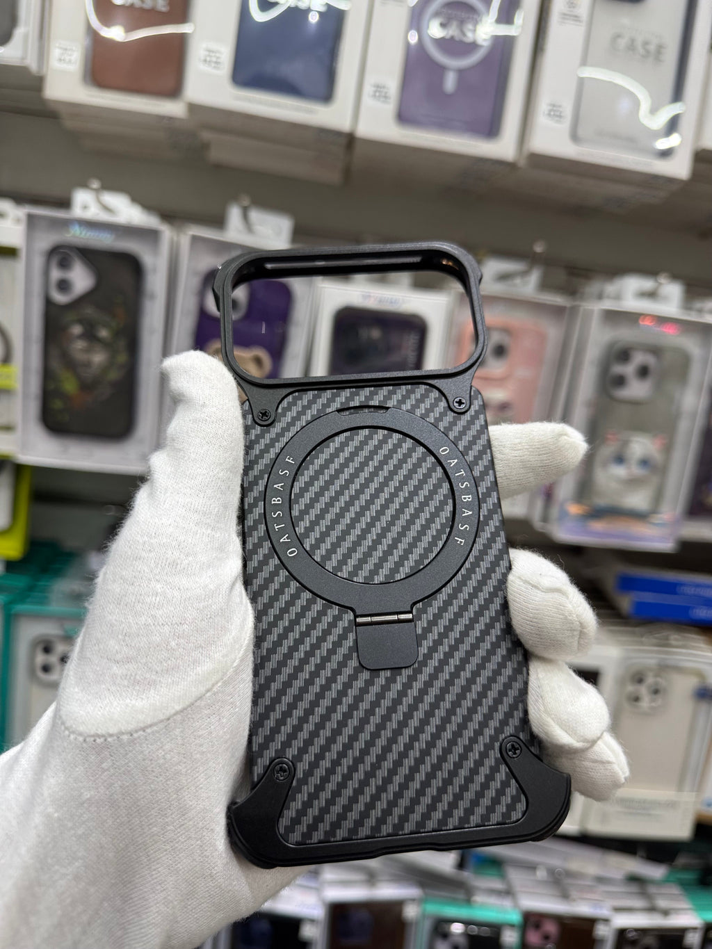 Carbon Fiber Metal Magnetic Case With Ring Stand - iPhone 17 Pro Max Back Cover