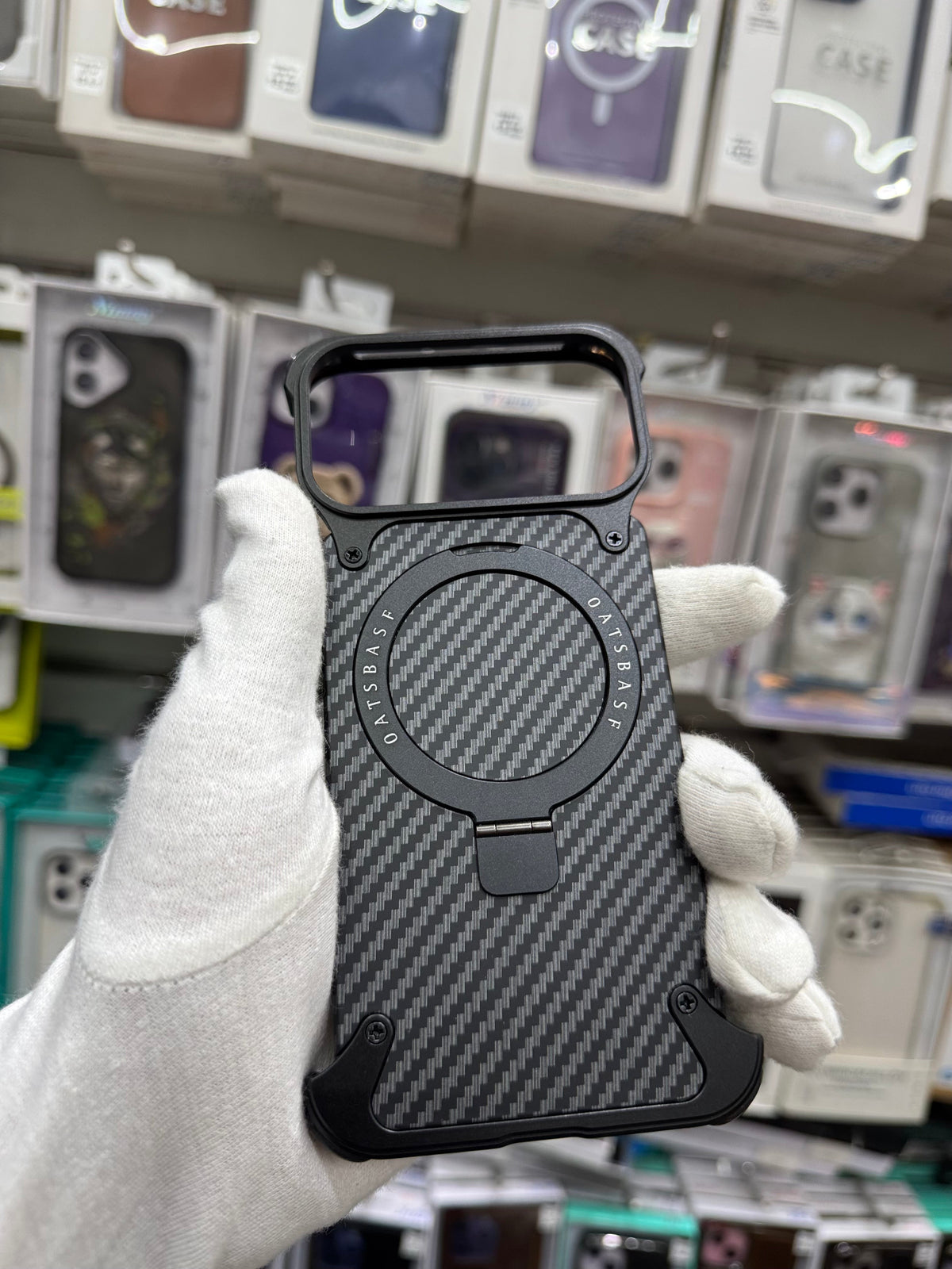 Carbon Fiber Metal Magnetic Case With Ring Stand - iPhone 17 Pro Max Back Cover