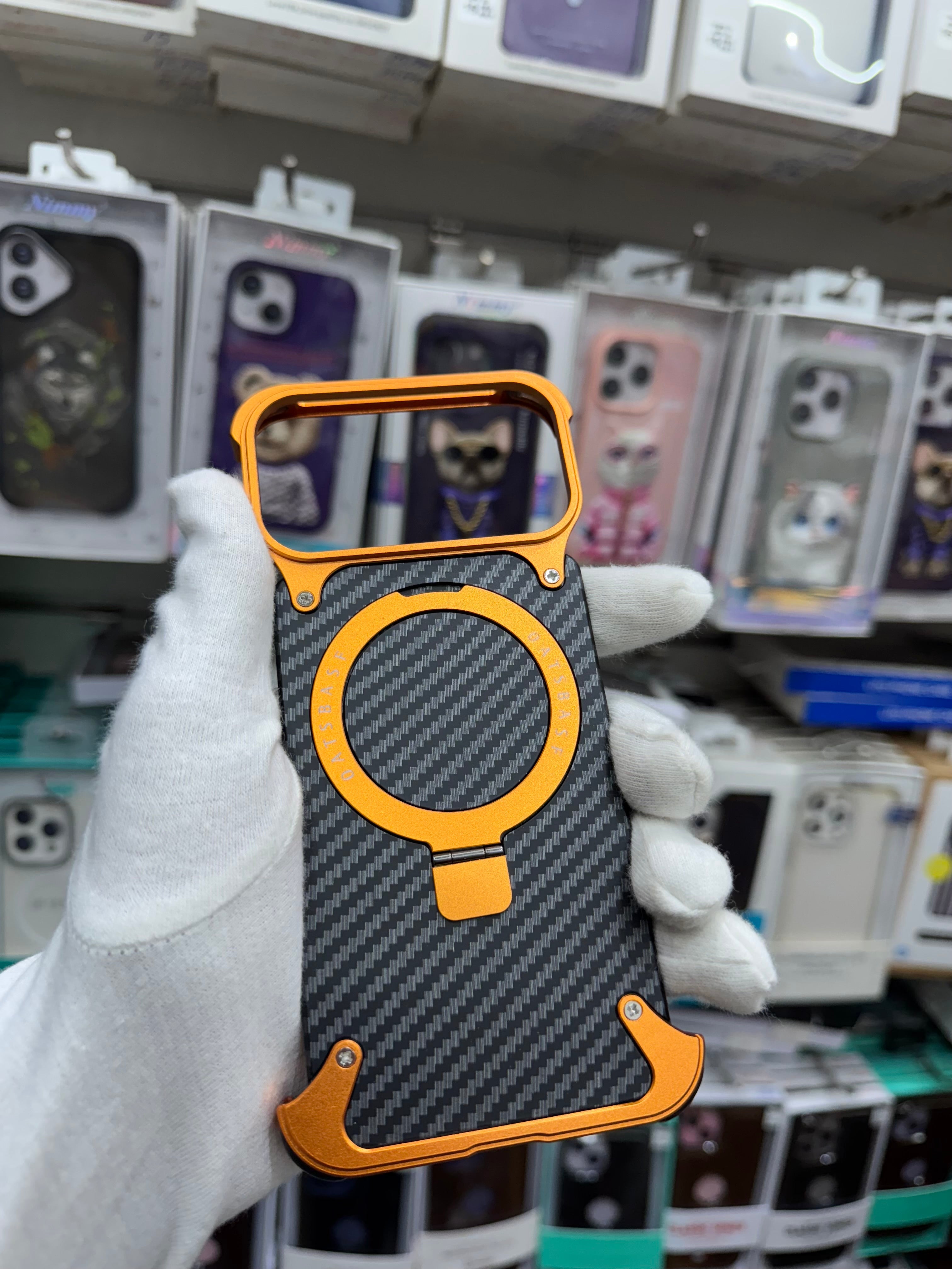 Carbon Fiber Metal Magnetic Case With Ring Stand - iPhone 17 Pro Max Back Cover
