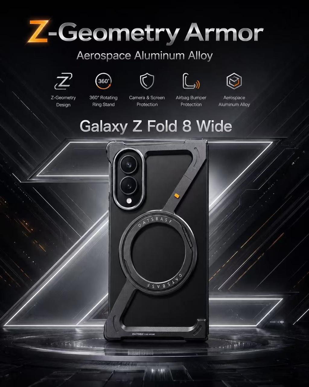 Sleek Z-Shaped Metal Samsung Fold 8 Cover with 360° Rotating Ring Stand