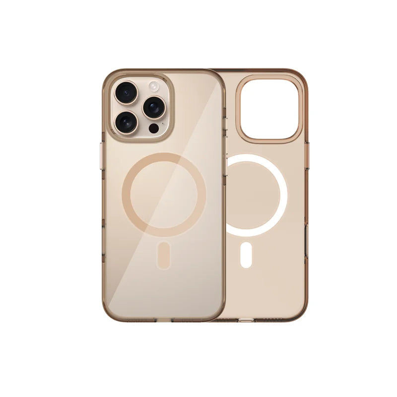 A clear plastic case cover for an iPhone 16 Pro, with a design that includes a circle and a button on the back.