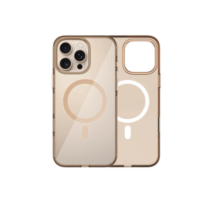 A clear plastic case cover for an iPhone 16 Pro, with a design that includes a circle and a button on the back.